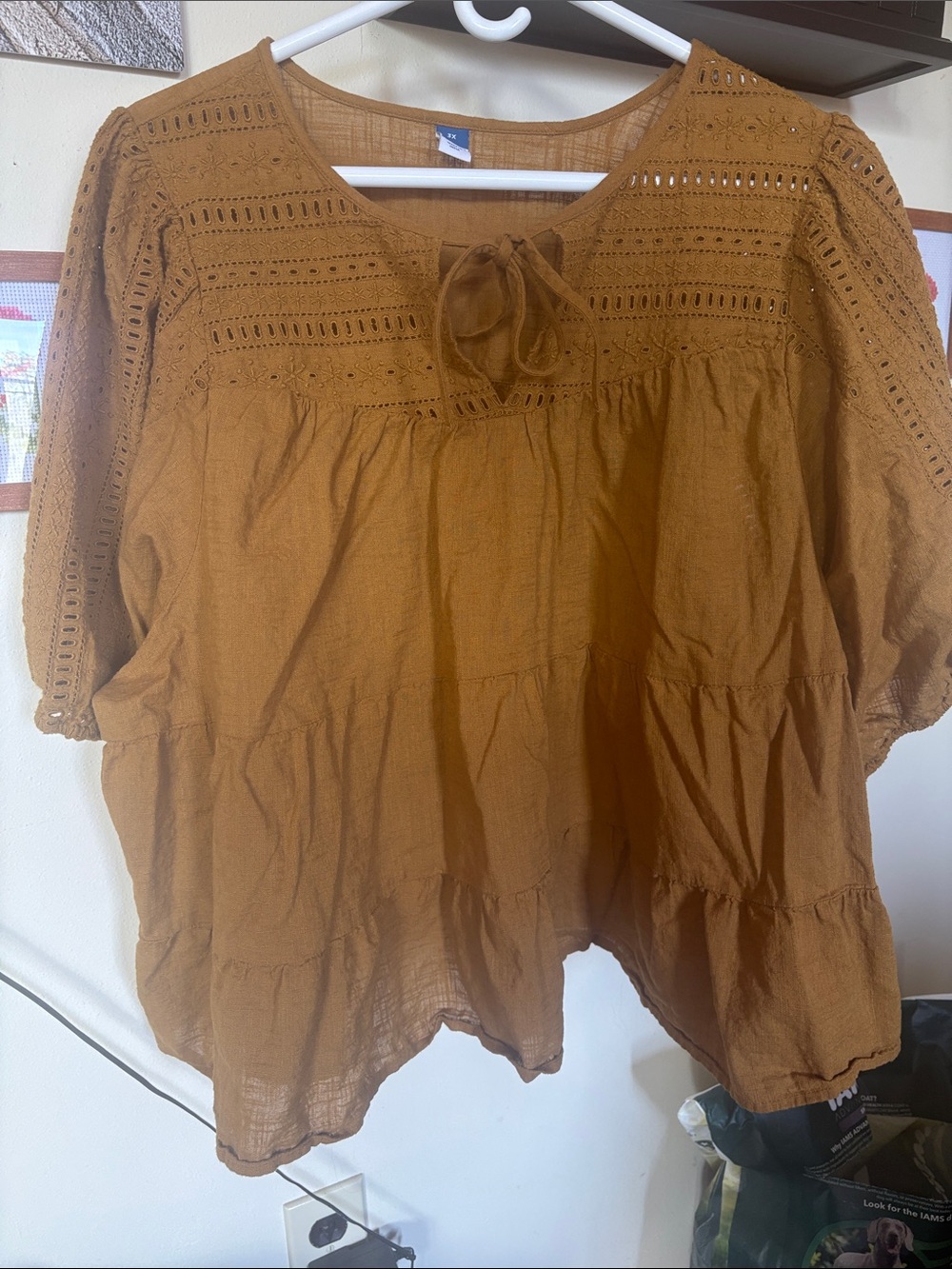 Old Navy Mustard Eyelet Tie-Neck Peasant Tunic